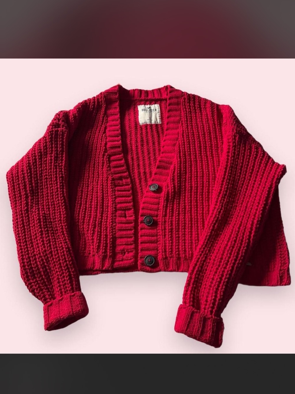 Hollister Deep Red Chunky Ribbed Button Cardigan